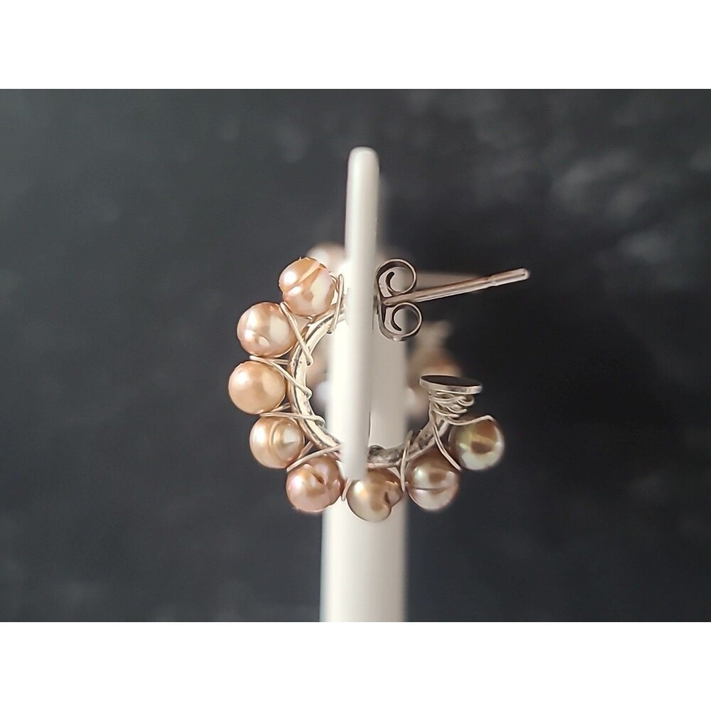 925 Sterling Silver Beaded Champagne Pearl Hoop Pierced Earrings Vintage